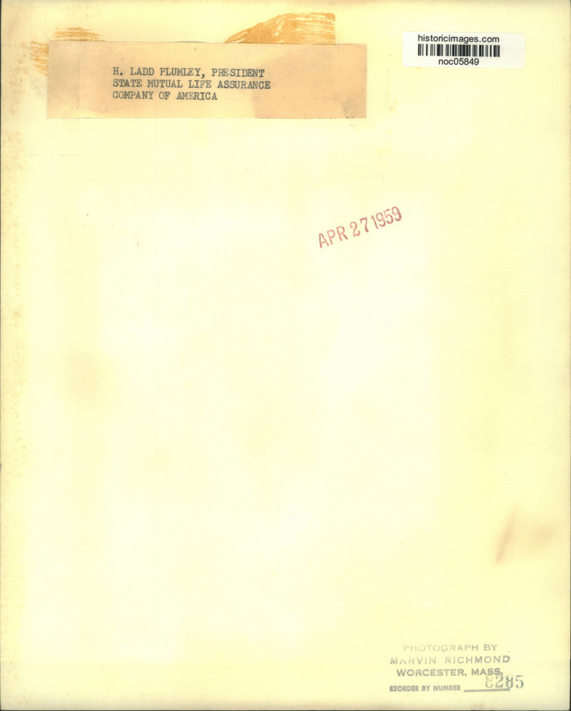 1959 Press Photo H. Ladd Plumley, President State Mutual Life Assurance Company