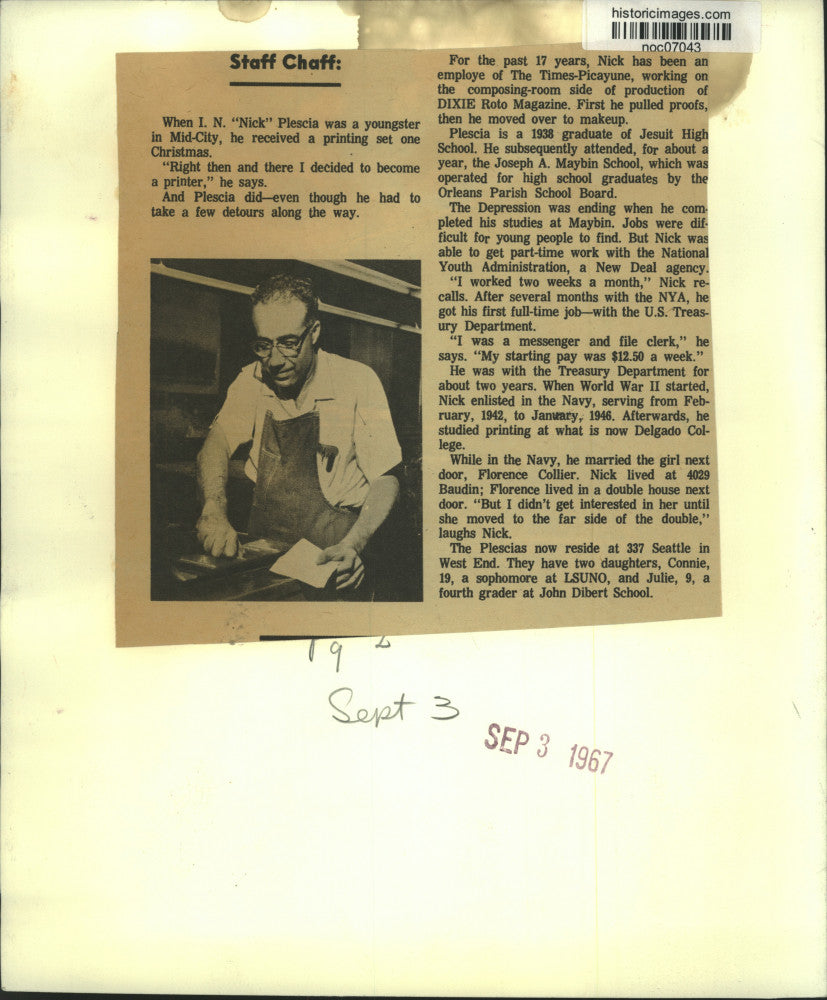 1967 Press Photo I.N. "Nick" Plescia, Printer at The Times-Picayune - noc07043