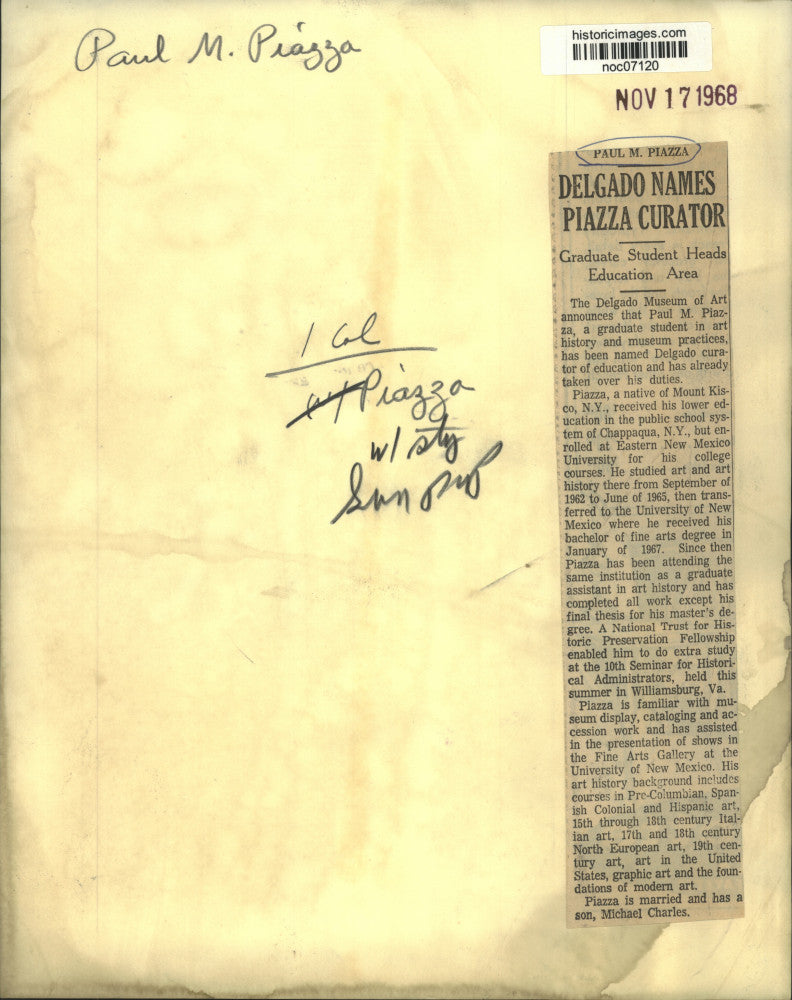 1968 Press Photo Paul M. Piazza, Delgado Museum- Curator of Education