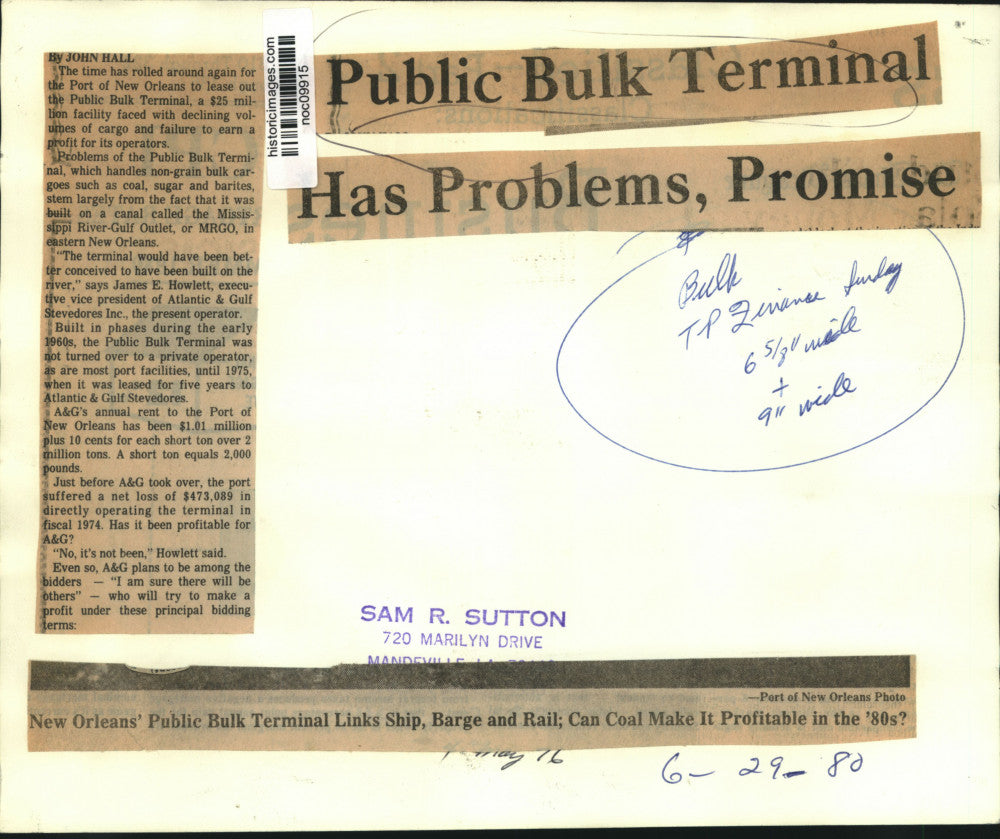 1980 Press Photo Aerial view of the New Orleans' Public Bulk Terminal