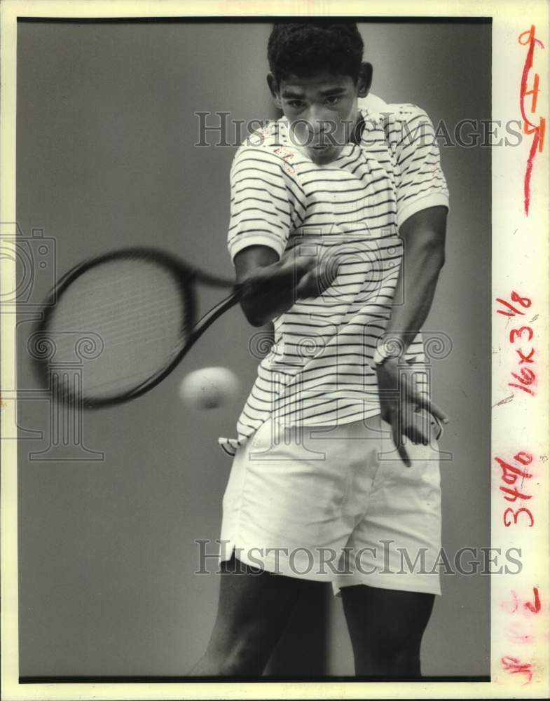 1988 Press Photo NORD tennis camp participant, Brandon Gregoire hits a forehand- Historic Images