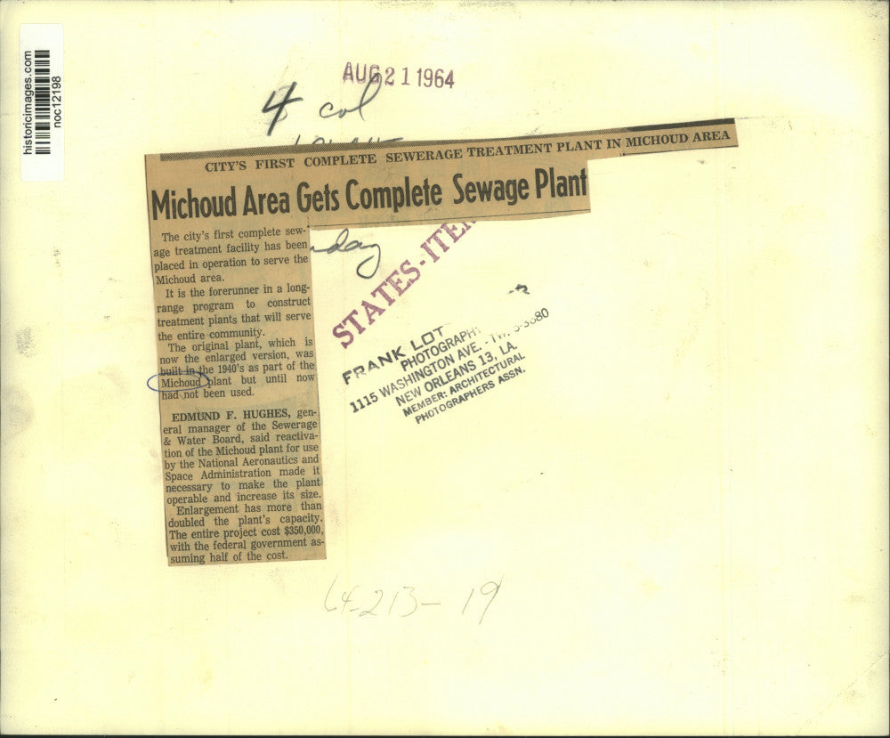 1964 Press Photo Sewerage Treatment Plant in Michoud Area, New Orleans