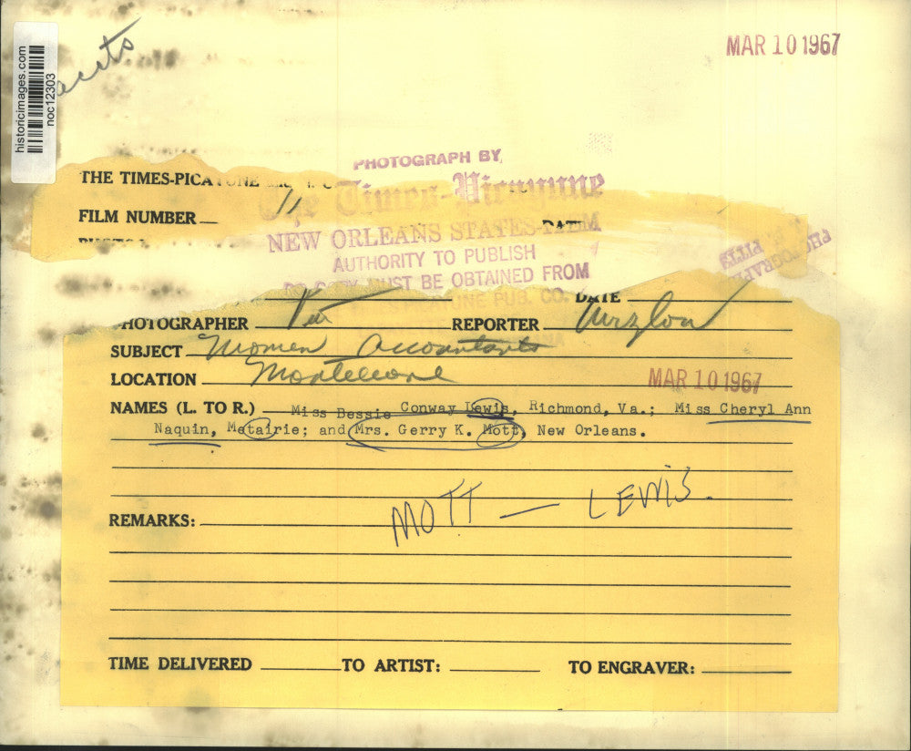 1967 Press Photo Bessie Lewis, Cheryl Naquin, and Mrs. Gerry Mott, Accountants