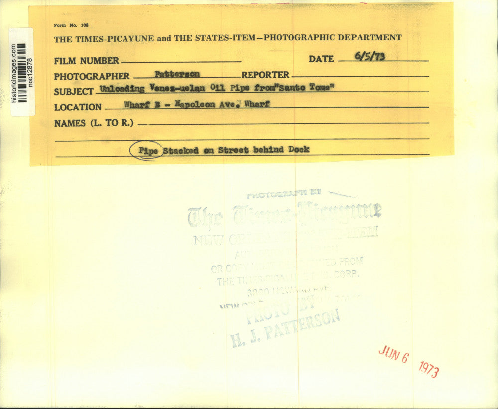 1973 Press Photo Venezuelan Oil Pipes Stacked on Street Behind Wharf B Dock