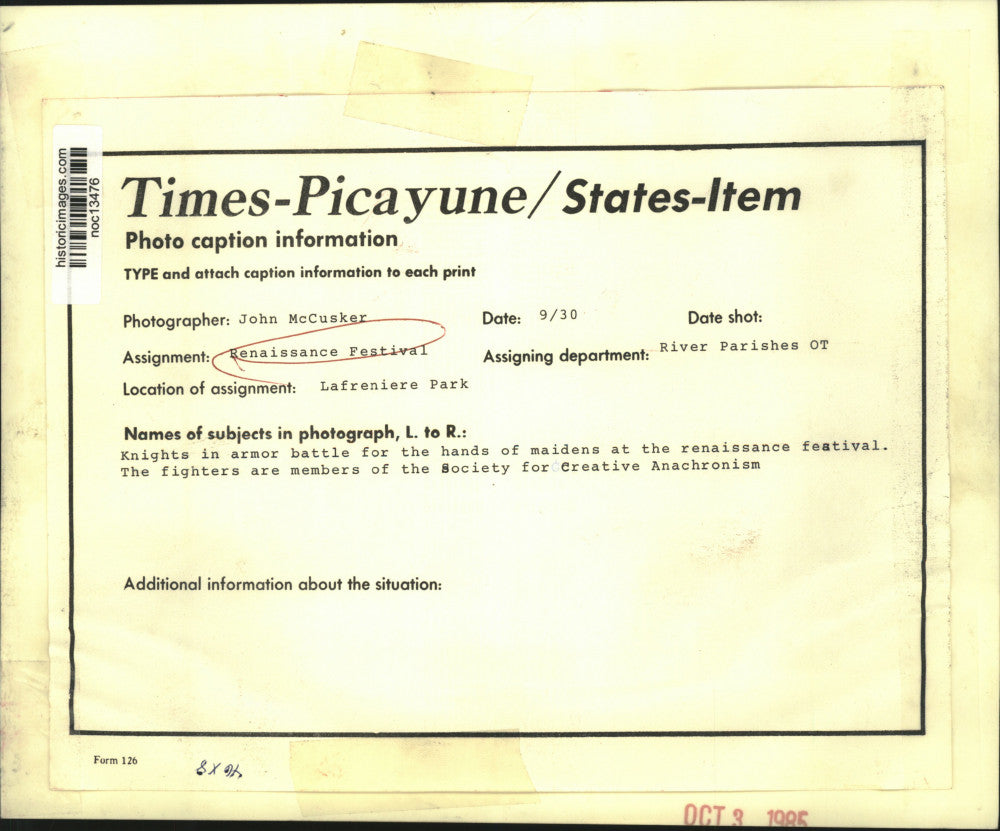 1986 Press Photo Performing knights at Louisiana Renaissance Festival