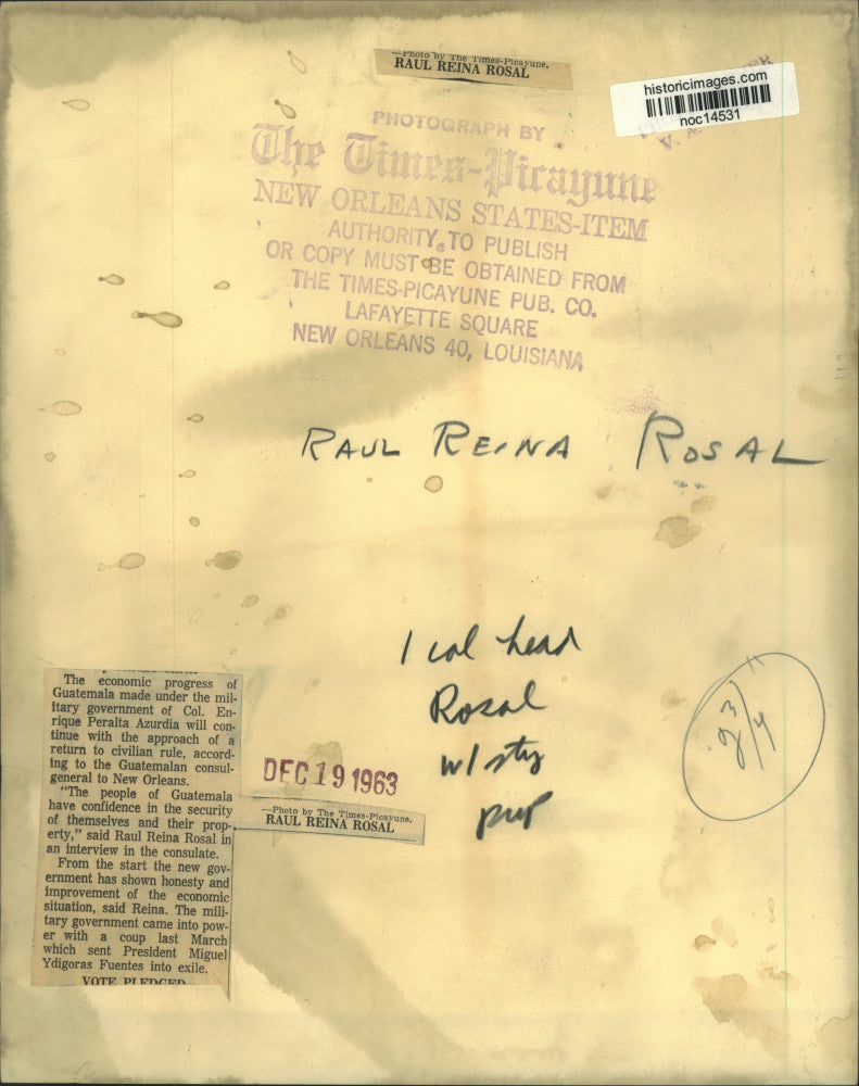 1963 Press Photo Raul Reina Rosal, Guatemalan Consul-General to New Orleans