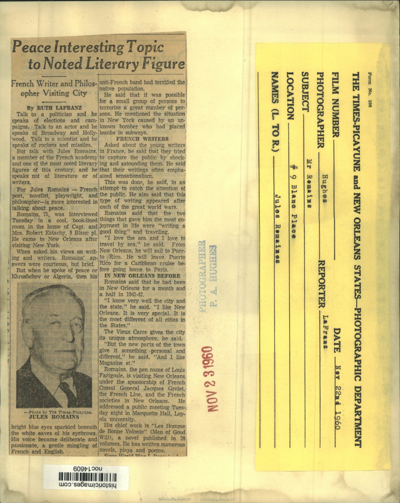 1960 Press Photo Jules Romains, French Poet, Novelist, Playwright & Philosopher