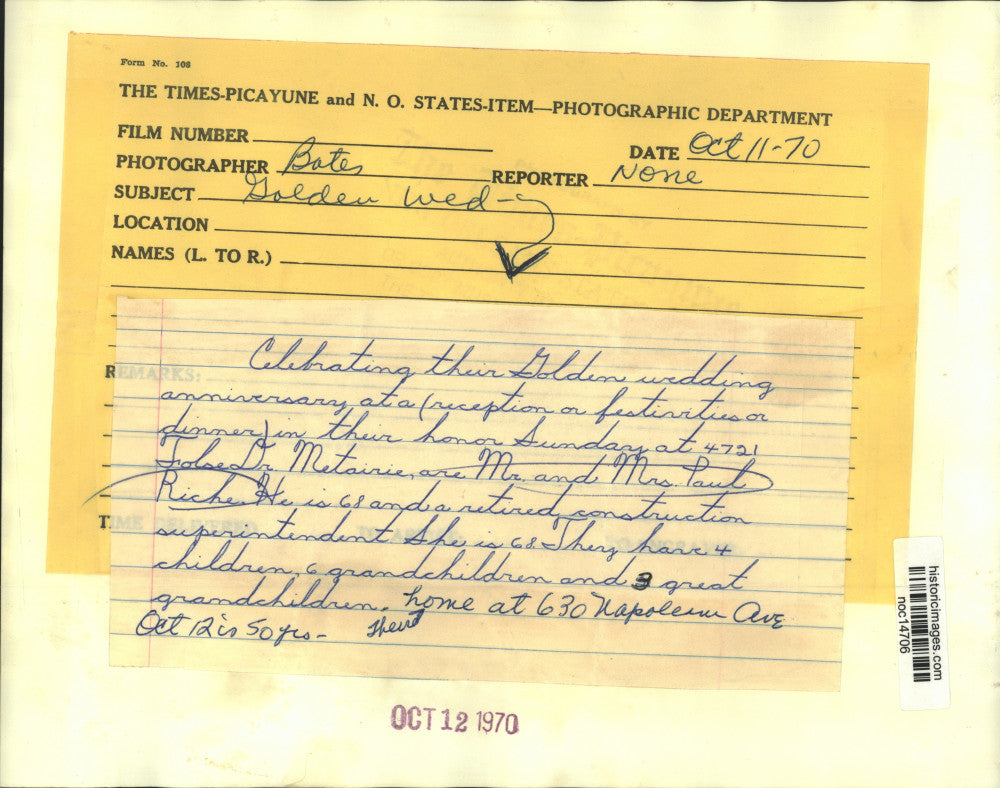 1970 Press Photo Mr. and Mrs. Paul Riche Celebrate 50th Wedding Anniversary