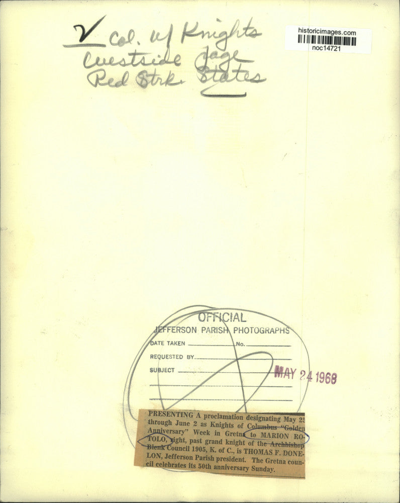 1968 Press Photo Knights of Columbus - Marion Rotolo, Thomas Donelon, Louisiana