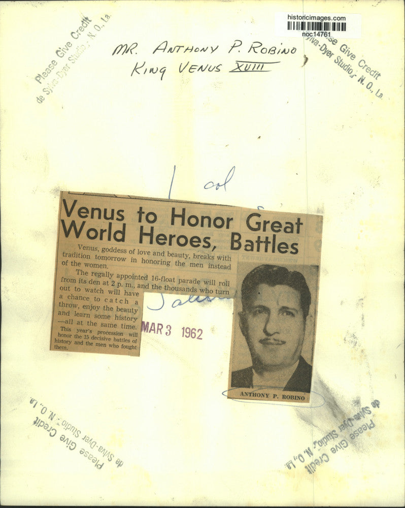1962 Press Photo Anthony P. Robino, King Venus XVIII, New Orleans - noc14761