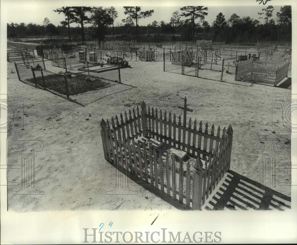 1976 Press Photo White Picket Fences Surround Infant at Gravesite - noc15336