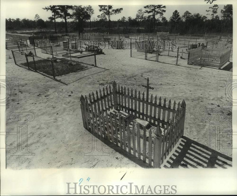 Load image into Gallery viewer, 1976 Press Photo White Picket Fences Surround Infant at Gravesite - noc15336
