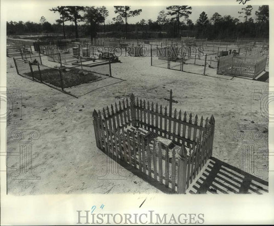 1976 Press Photo White Picket Fences Surround Infant at Gravesite - noc15336