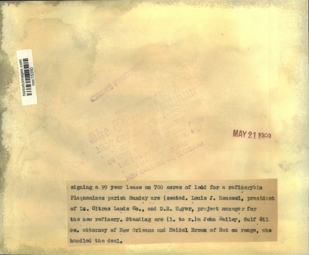 1969 Press Photo New Orleans Refinery Lease Signed by Louis Roussel & D.R. Hoyer