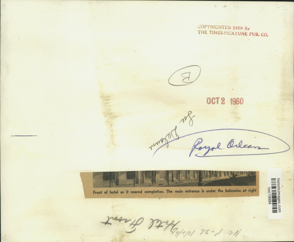 1960 Press Photo Exterior View of Royal Orleans Hotel front nearing completion