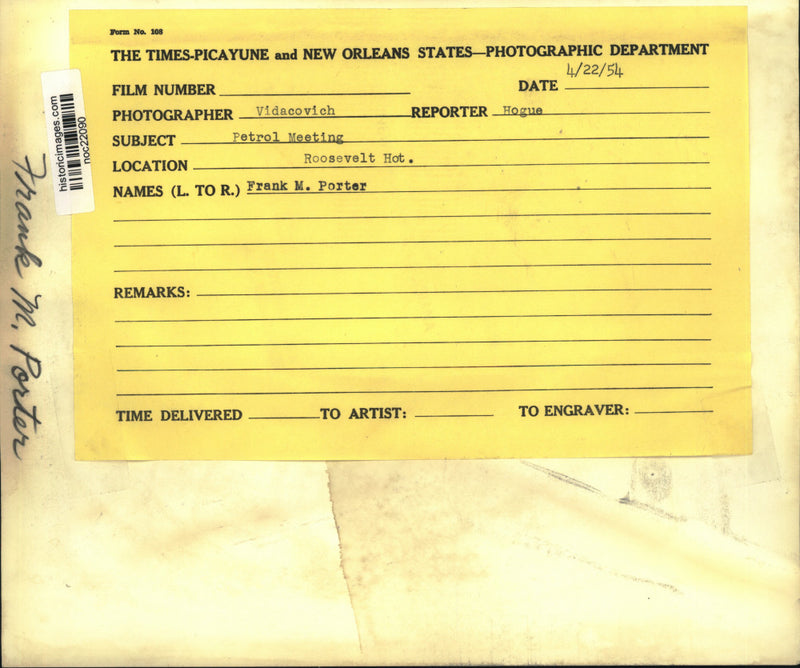 Load image into Gallery viewer, 1954 Press Photo Frank M. Porter attends Petrol meeting at Roosevelt Hotel

