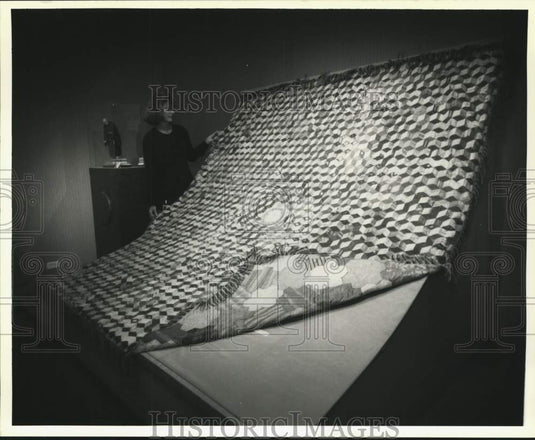 1993 Press Photo Audrey Hammill sets up quilt display - noc22734