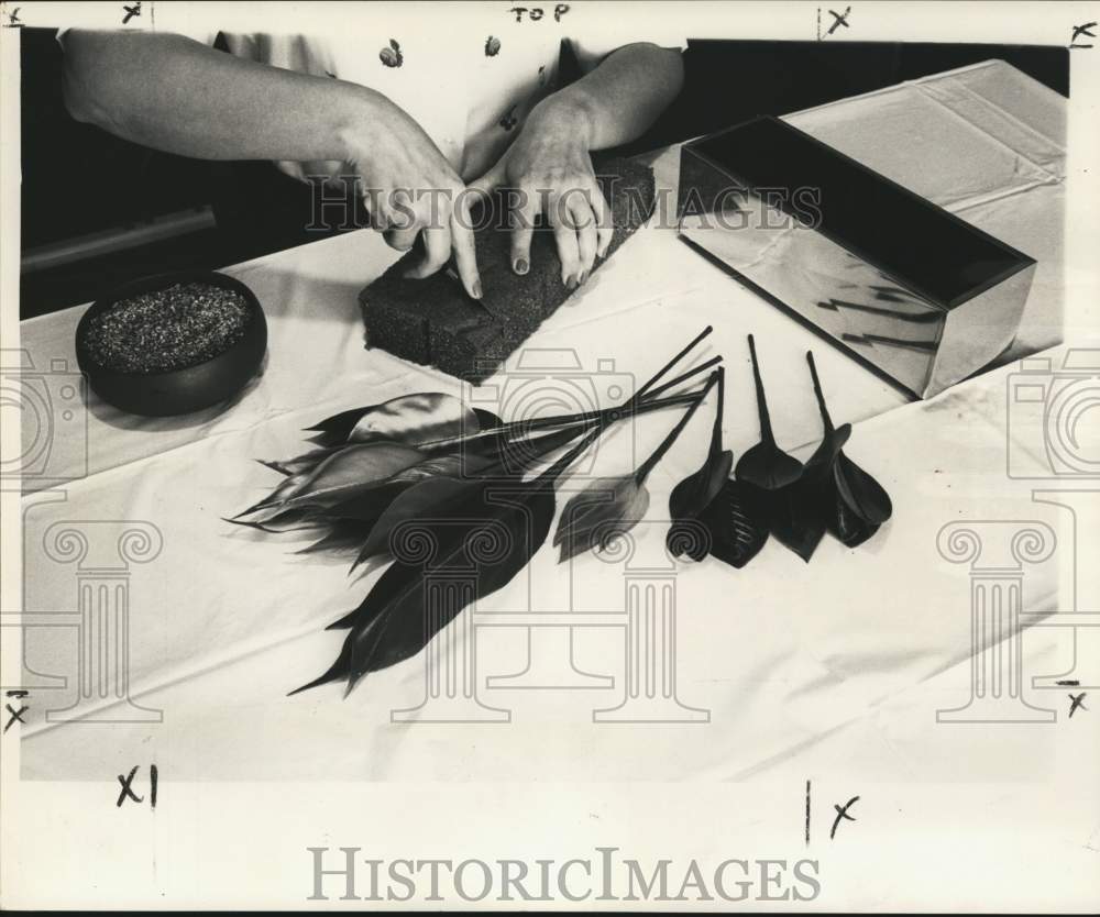 1960 Press Photo Creating Polystyrene Foam Holder for Artificial Flower Planter