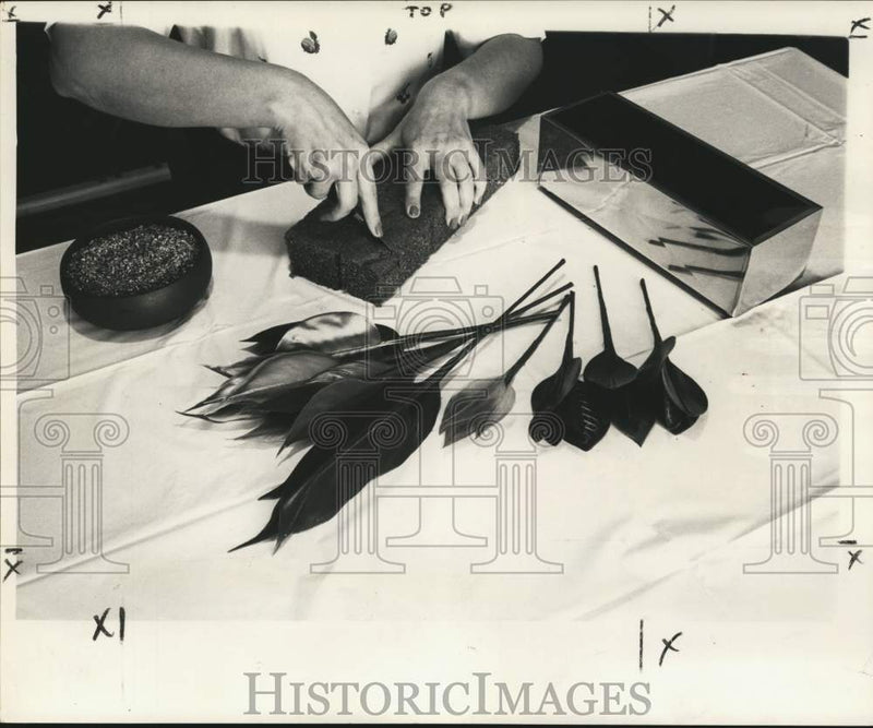 Load image into Gallery viewer, 1960 Press Photo Creating Polystyrene Foam Holder for Artificial Flower Planter
