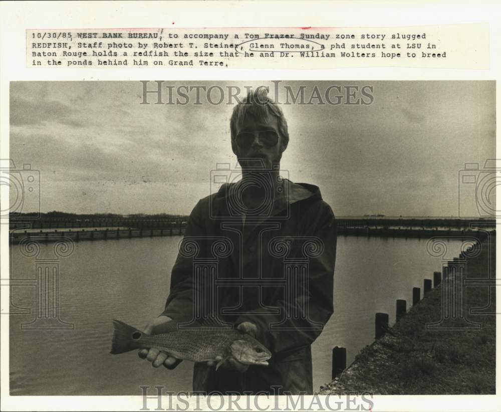 1985 Press Photo Glenn Thomas holds redfish the size he hopes to breed in ponds