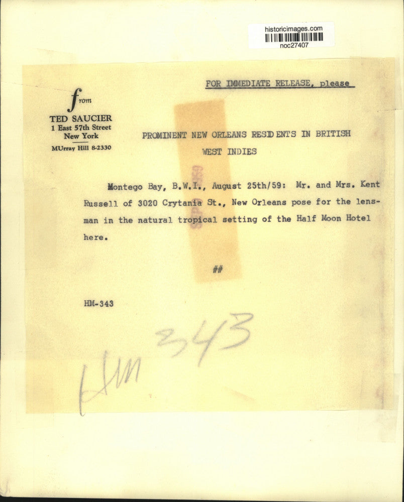 1959 Press Photo Mr. and Mr. Kent Russell, New Orleans residents in Montego Bay