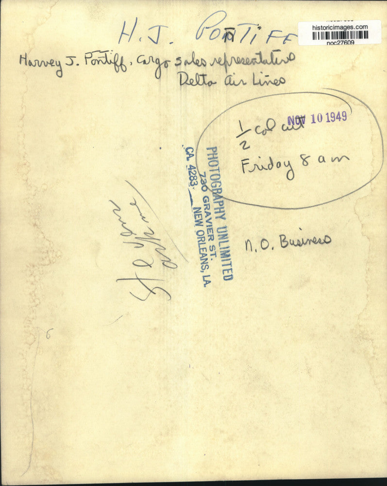 1949 Press Photo Harvey J. Pontiff, cargo sales representative, Delta Air Lines