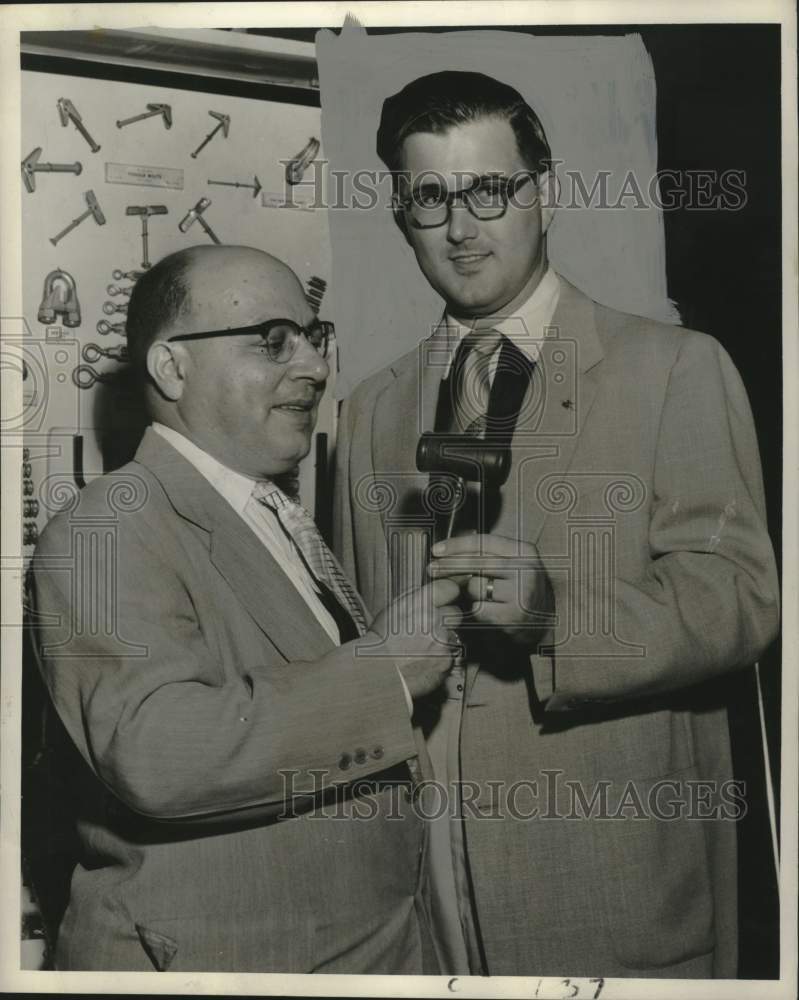 Load image into Gallery viewer, 1954 Press Photo Benjamin Singer Passes Gavel to Leslie Post at Hardware Club

