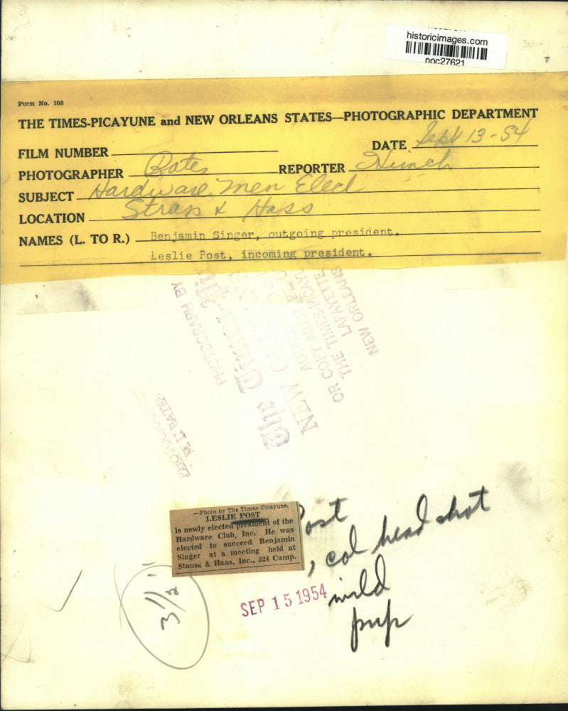 1954 Press Photo Benjamin Singer Passes Gavel to Leslie Post at Hardware Club