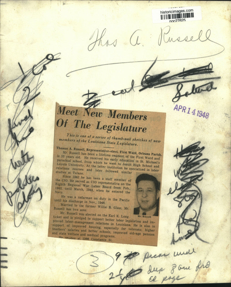 1948 Press Photo Thomas A. Russell, First Ward Representative, Orleans Parish