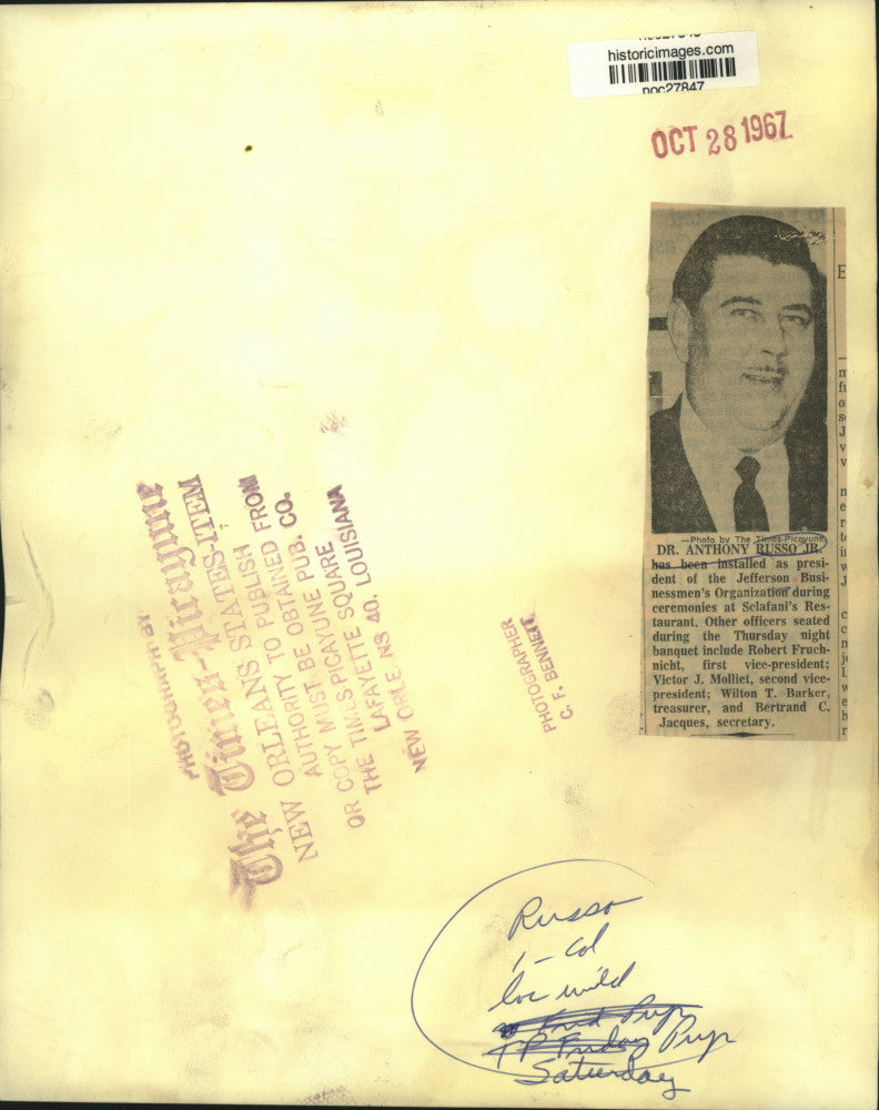 Load image into Gallery viewer, 1967 Press Photo Dr. Anthony Russo Jr., president Jefferson Businessmen's Org.
