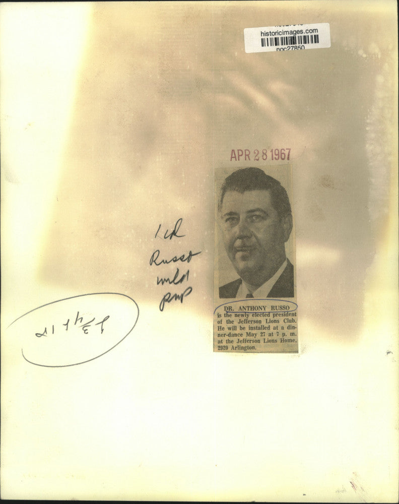 1967 Press Photo Doctor Anthony Russo, president of Jefferson Lions Club