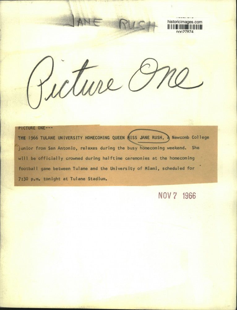 1966 Press Photo Tulane University Homecoming Queen Jane Rush - noc27874
