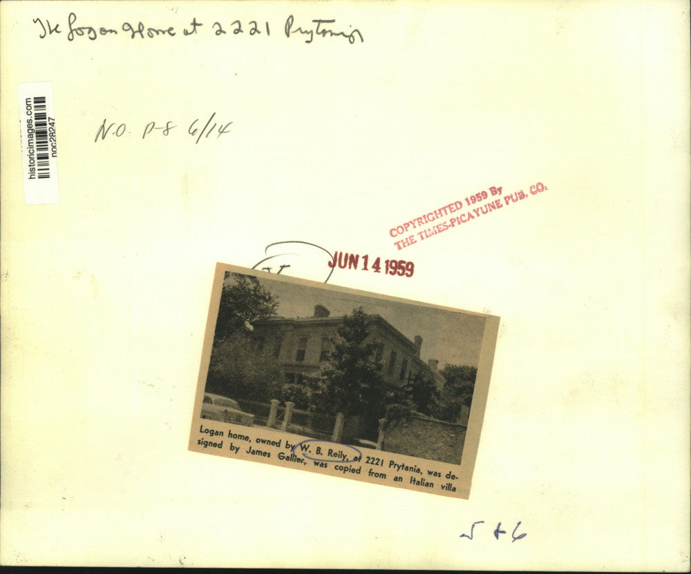 1959 Press Photo Logan home, owned by W.B. Reily, designed by James Gallier.