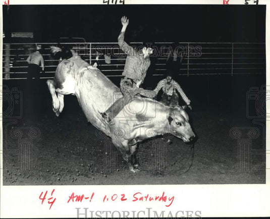 1982 Press Photo Bull Rider at Rodeo in Lake Charles, Louisiana - noc28466- Historic Images