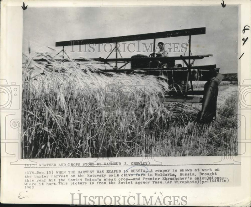 Load image into Gallery viewer, 1963 Press Photo Russian farmer harvests barley in Moldavia farm - noc28698
