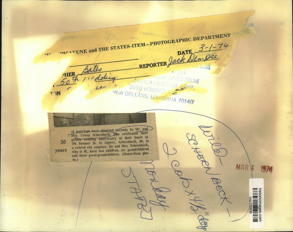 1974 Press Photo Mr. & Mrs. Urban Schernbeck celebrate 50th wedding anniversary