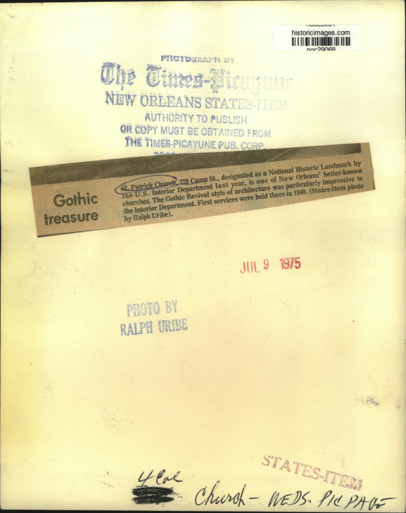 1975 Press Photo St. Patrick Church, designated National Historic Landmark