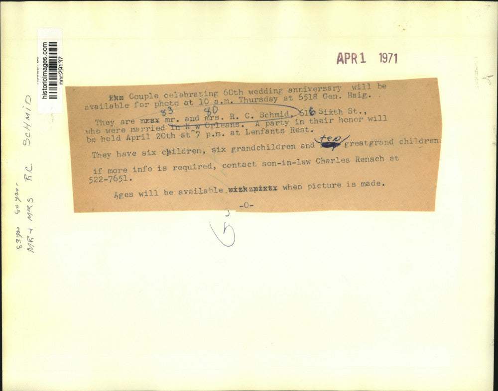 1971 Press Photo Mr. and Mrs. R.C. Schmid celebrate 60th wedding anniversary