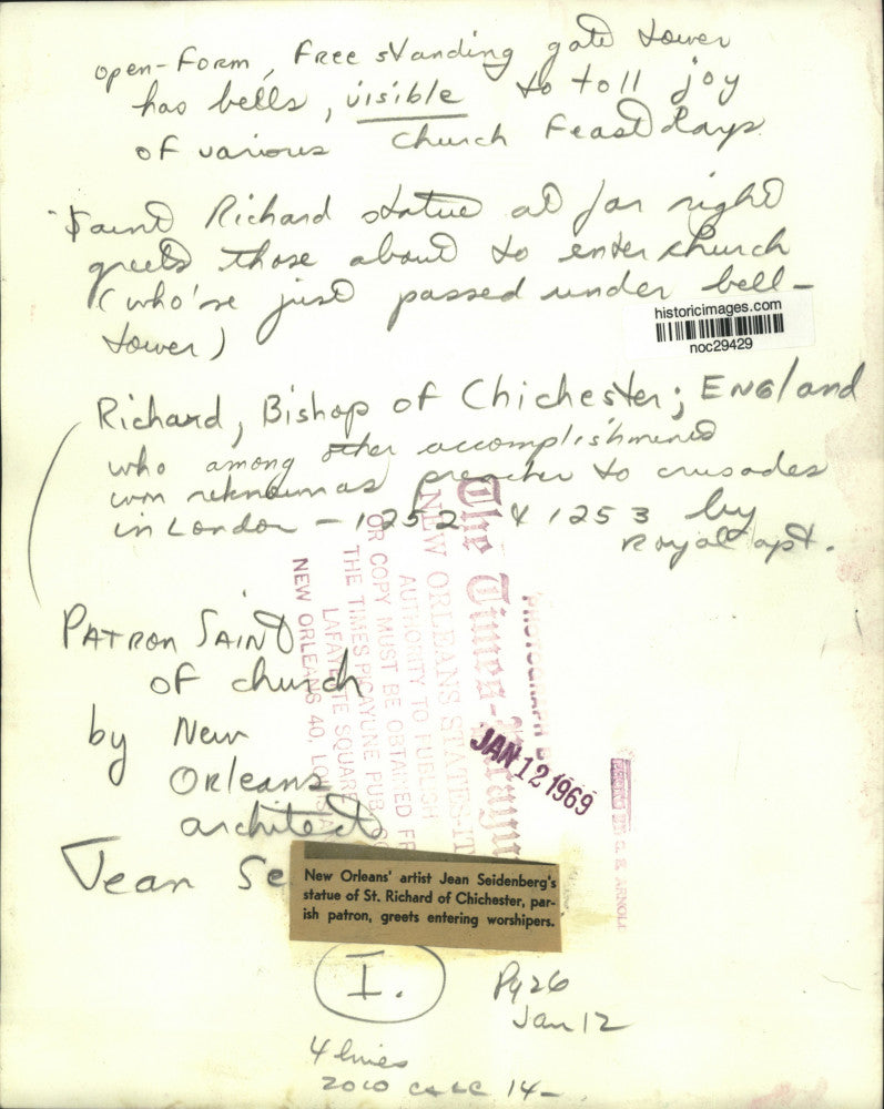 1969 Press Photo Jean Seidenberg's statue of St. Richard greets worshipers