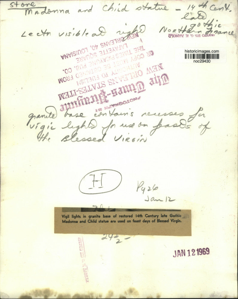 1969 Press Photo Late Gothic Madonna and Child statue used on feast days