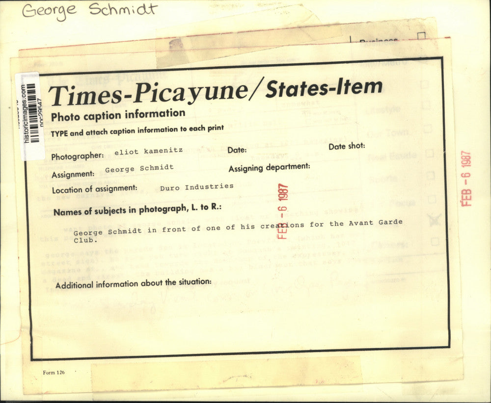 1987 Press Photo George Schmidt & Avant Garde Club cartoon creation