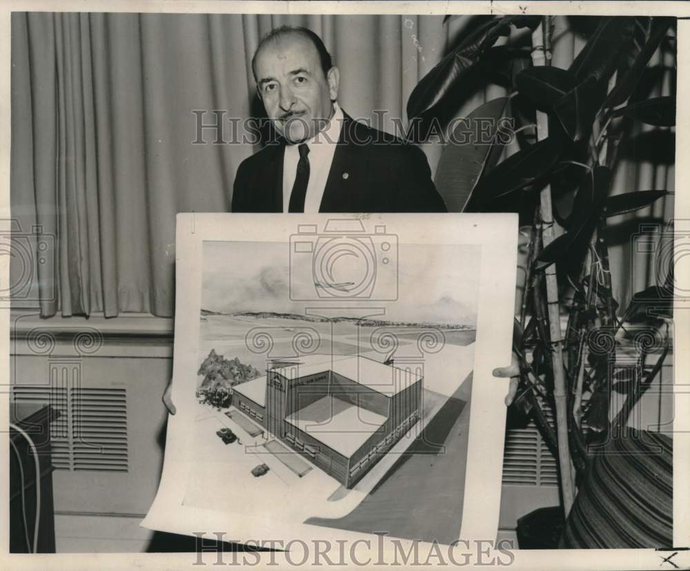1962 Press Photo New Orleans Mayor Victor Schiro holds drawing of Delta hangar