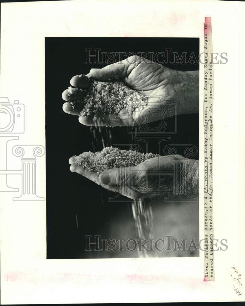 1985 Press Photo Sugar is poured through hands at the St. James Sugar Co-Op