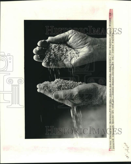 1985 Press Photo Sugar is poured through hands at the St. James Sugar Co-Op