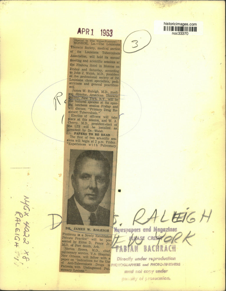 1963 Press Photo Dr. James Raleigh to speak at Louisiana Thoracic Society