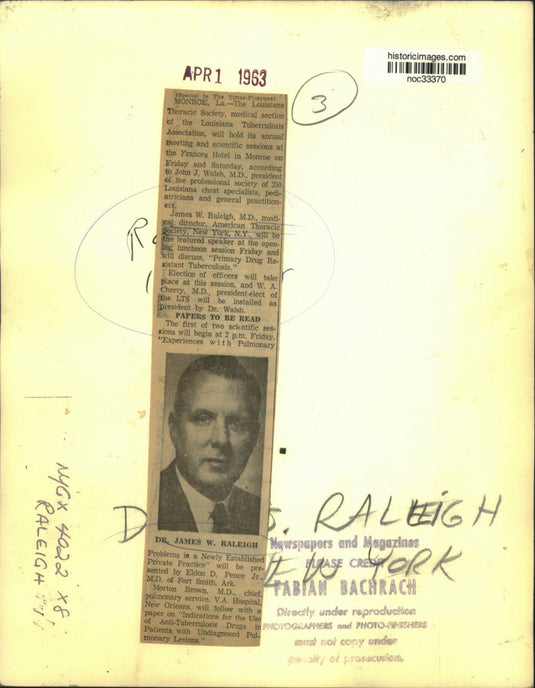 1963 Press Photo Dr. James Raleigh to speak at Louisiana Thoracic Society