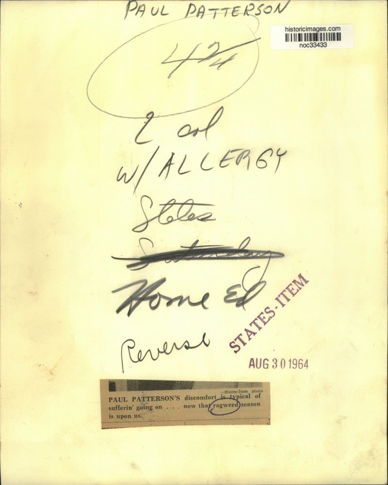 1964 Press Photo Paul Patterson's sneezing due to allergies - noc33433