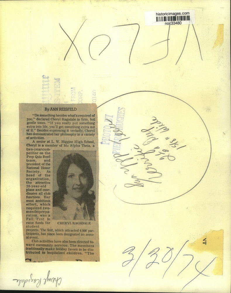 1974 Press Photo L.W. Higgins High School - Cheryl Ragsdale, Student - noc33480