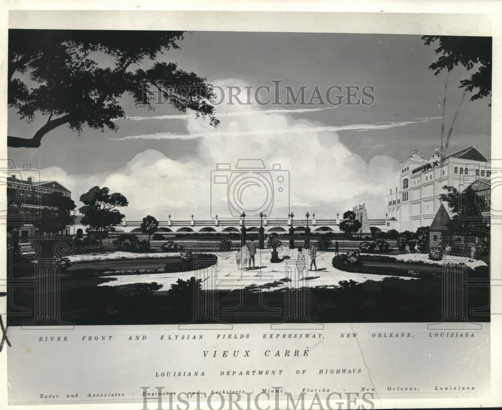1967 Press Photo Drawing of River Front and Elysian Fields Expressway.