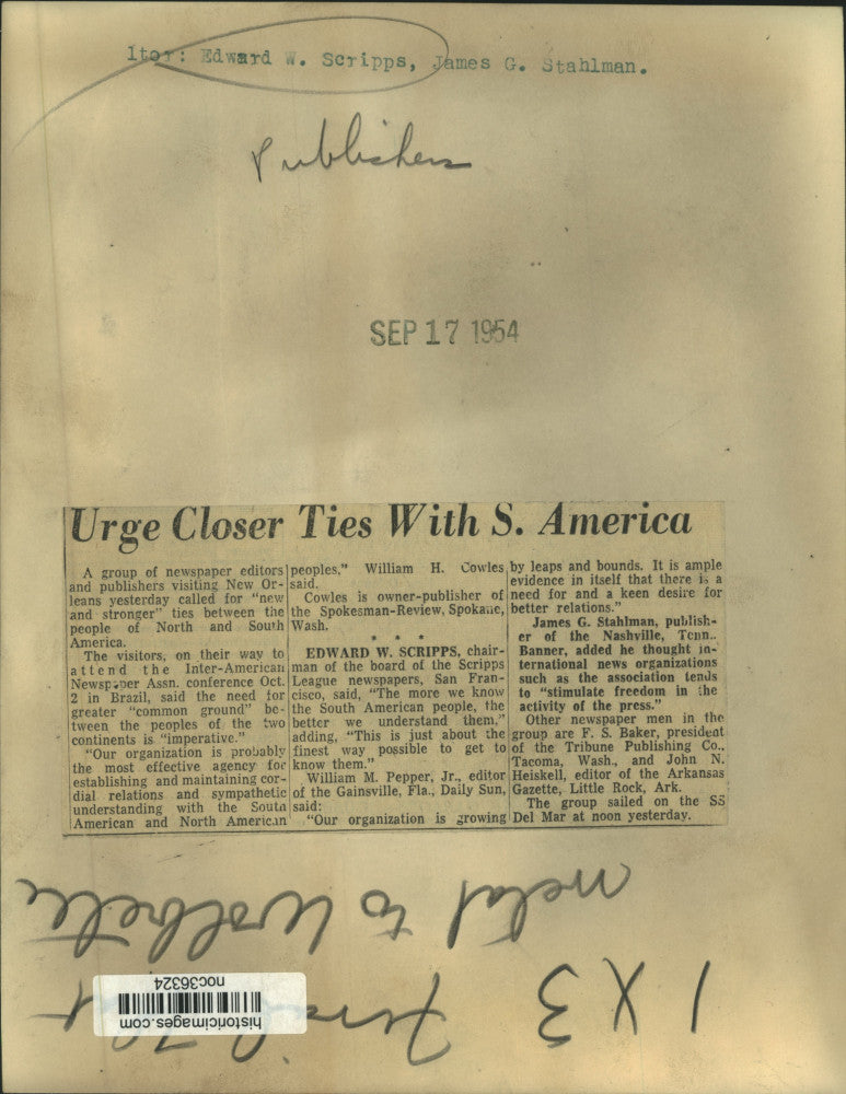 1954 Press Photo Publishers Edward W. Scripps, James G. Stahlman in New Orleans